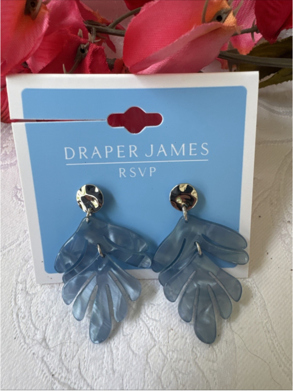 Draper James Dainty Dangle 1 3/4" Earrings Blue Silver Tone Leaf Flower NEW